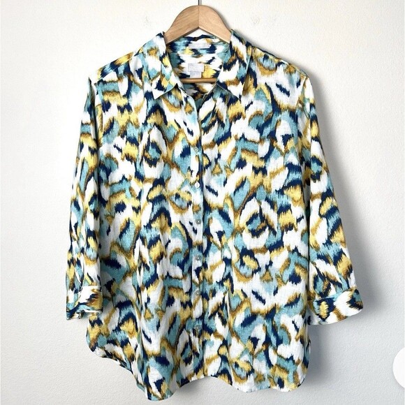 Chico's No-Iron Colorful Ikat Print Linen Long Sleeve Button-Down Shirt Sz 4/20 - Picture 3 of 9